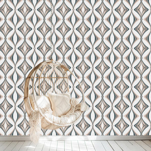 Hourglass wallpaper by Liberty James Studio in grey, roll showing a retro hourglass wave