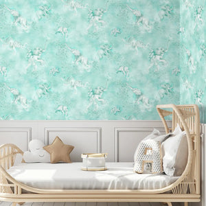Elephant Breaststroke wallpaper by Brand McKenzie in aqua, swimming elephants in watercolour in a child's room