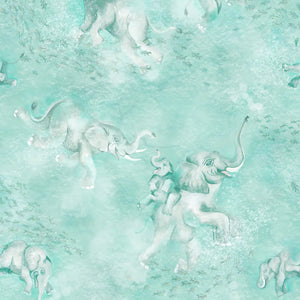 Elephant Breaststroke wallpaper by Brand McKenzie in aqua, close-up of swimming elephants in watercolour