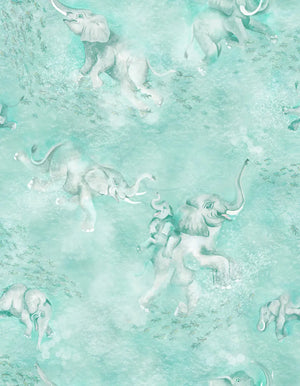 Elephant Breaststroke wallpaper by Brand McKenzie in aqua, close-up of swimming elephants in watercolour