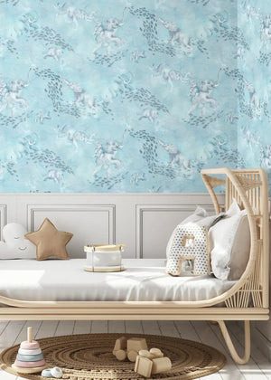 Elephant Breaststroke wallpaper by Brand McKenzie in blue, close view of swimming elephants in watercolour