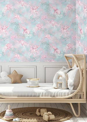 Elephant Breaststroke wallpaper by Brand McKenzie in pink behind a daybed in a child's room
