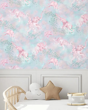 Elephant Breaststroke wallpaper by Brand McKenzie in pink, swimming elephants in watercolour in a child's room