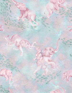 Elephant Breaststroke wallpaper by Brand McKenzie in pink, pattern detail of swimming elephants in watercolour