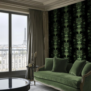 Emerald Elixir wallpaper by Liberty James Studio in black and green, mirrored art deco motifs on a living room wall