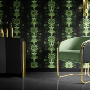 Emerald Elixir wallpaper by Liberty James Studio in black and green, mirrored art deco motifs behind a sofa in a living room
