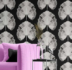 Empress Fan wallpaper by Liberty James Studio in white, art deco fan leaves in a living room
