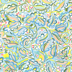 Enchanted Leaves wallpaper by Claire de Quénetain in pink and blue, full repeat of a hand-painted floral design