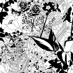 English Garden wallpaper by Dupenny in black and white, full repeat of bold garden flowers