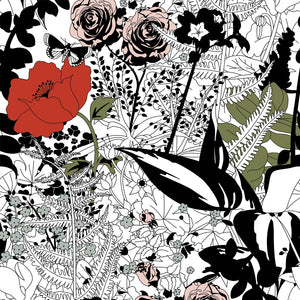 English Garden wallpaper by Dupenny in multicolour, flat sample of bold garden flowers