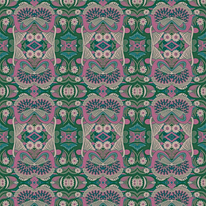 Esprit wallpaper by Tatie Lou in pink and green, full repeat of an ornate medallion print