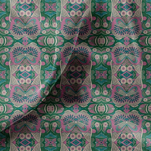 Esprit velvet by Tatie Lou in pink and green, in soft folds showing an ornate medallion print