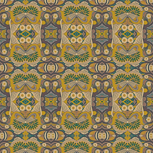Esprit wallpaper by Tatie Lou in mustard, flat sample of an ornate medallion print