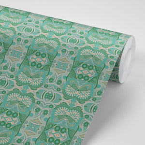 Esprit wallpaper by Tatie Lou in green, sample roll showing an ornate medallion print