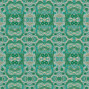 Esprit wallpaper by Tatie Lou in green, pattern sample of an ornate medallion print