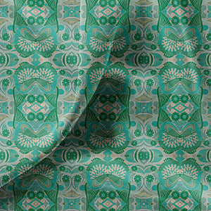 Esprit velvet by Tatie Lou in green, draped, showing an ornate medallion print