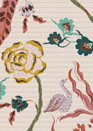 Eversley wallpaper by Parker and Jules in pink and brown, flat sample of trailing roses