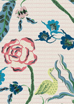 Eversley wallpaper by Parker and Jules in green and pink, pattern sample of trailing roses