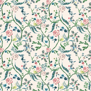 Eversley linen by Parker and Jules in green and pink, full repeat of trailing roses