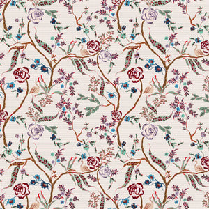 Eversley linen by Parker and Jules in cream and teal, pattern sample of trailing roses