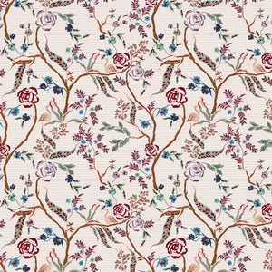 Eversley Grasscloth grasscloth by Parker and Jules in cream and teal, draped close-up of trailing roses