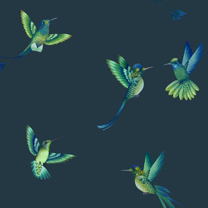 Exotic Birds wallpaper by Brand McKenzie in navy, close-up of hummingbirds in flight