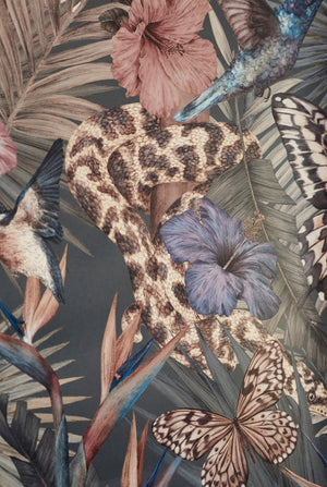 Exotica wallpaper by Victoria Sanders in petrol blue, close-up of jungle animals and tropical flowers