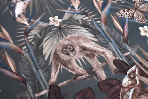 Exotica wallpaper by Victoria Sanders in petrol blue, pattern detail of jungle animals and tropical flowers