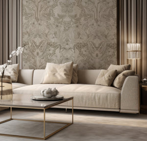 Exotica wallpaper by Victoria Sanders in cream, jungle animals and tropical flowers behind a sofa in a living room