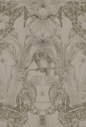 Exotica wallpaper by Victoria Sanders in cream, flat sample of jungle animals and tropical flowers