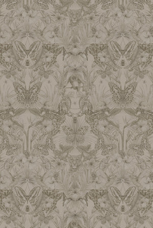 Exotica wallpaper by Victoria Sanders in cream, full repeat of jungle animals and tropical flowers