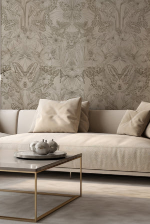 Exotica wallpaper by Victoria Sanders in cream, jungle animals and tropical flowers in a living room
