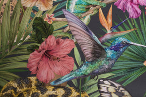 Exotica wallpaper by Victoria Sanders in black, close-up of jungle animals and tropical flowers