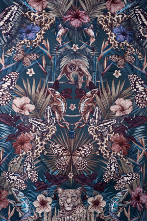 Exotica Petrol satin by Victoria Sanders in petrol blue, full repeat of jungle animals and tropical flowers