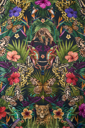 Exotica velvet by Victoria Sanders in black, full repeat of jungle animals and tropical flowers