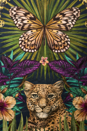Exotica Noir satin by Victoria Sanders in black, close-up of jungle animals and tropical flowers