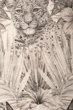 Exotica Parchment linen by Victoria Sanders in cream, pattern sample of jungle animals and tropical flowers