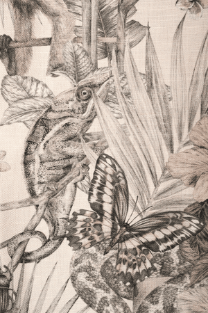 Exotica Parchment linen by Victoria Sanders in cream, flat sample of jungle animals and tropical flowers