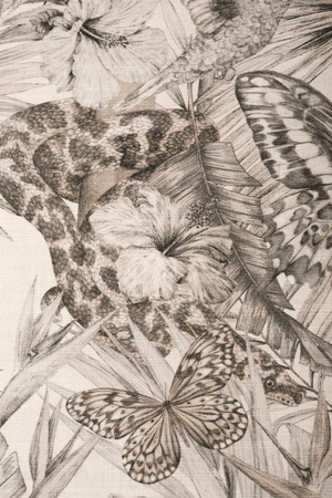 Exotica Parchment linen by Victoria Sanders in cream, close-up of jungle animals and tropical flowers