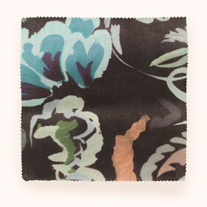 Bloomsbury Grande linen by Parker and Jules in brown, draped, showing large painterly flowers