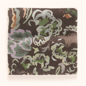 Bloomsbury Petite linen by Parker and Jules in brown, draped, showing painterly flowers