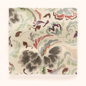 Bloomsbury Petite linen by Parker and Jules in cream and teal, in soft folds showing painterly flowers