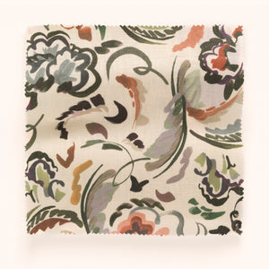 Bloomsbury Petite linen by Parker and Jules in cream and red, pattern sample of painterly flowers