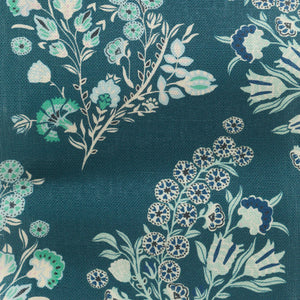 Coromandel Flower linen by Parker and Jules in blue, flat sample of paisley flower sprays