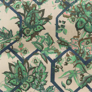 Creeping Trellis linen by Parker and Jules in green and pink, pattern sample of flowers on a trellis