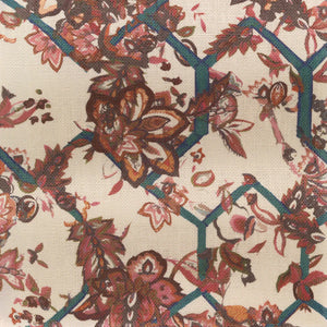 Creeping Trellis linen by Parker and Jules in red, draped, showing flowers on a trellis