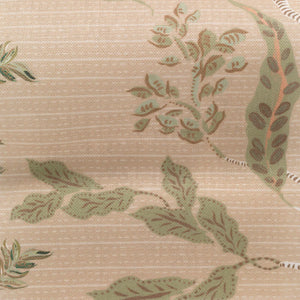 Eversley linen by Parker and Jules in beige and green, pattern sample of trailing roses