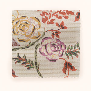Eversley linen by Parker and Jules in beige, draped, showing trailing roses