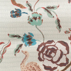 Eversley linen by Parker and Jules in cream and teal, flat sample of trailing roses