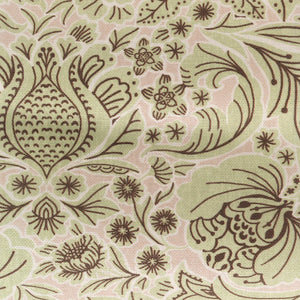 Folk Floral linen by Parker and Jules in green, flat sample of bold folk flowers